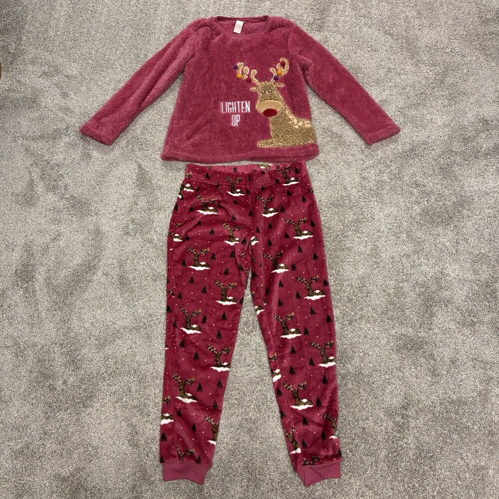 Secret Treasures Plush PJ Set Women’s Size M(8-10) Pink ‘Lighten Up’ Reindeer